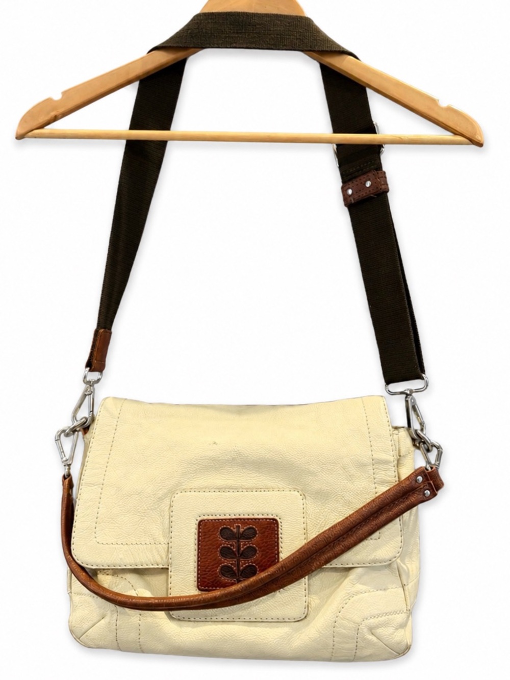 Orla Kiely Off-White Leather Satchel w/ Flap & Brown Straps Signature Stem Logo